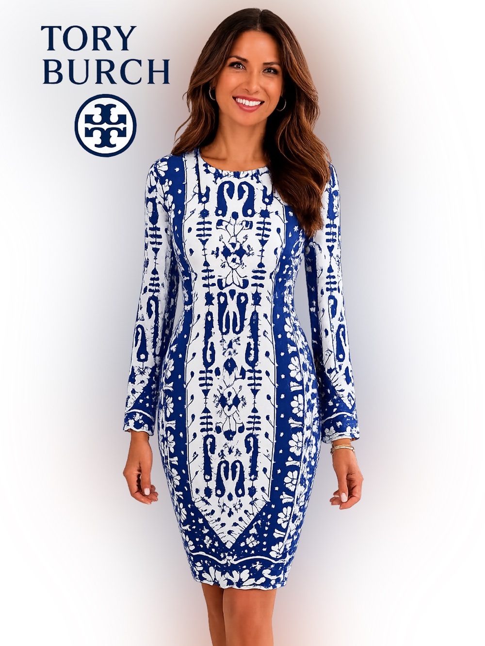 Tory Burch Blue & White Tile Print Long Sleeve Shift Dress Zip Back Size M